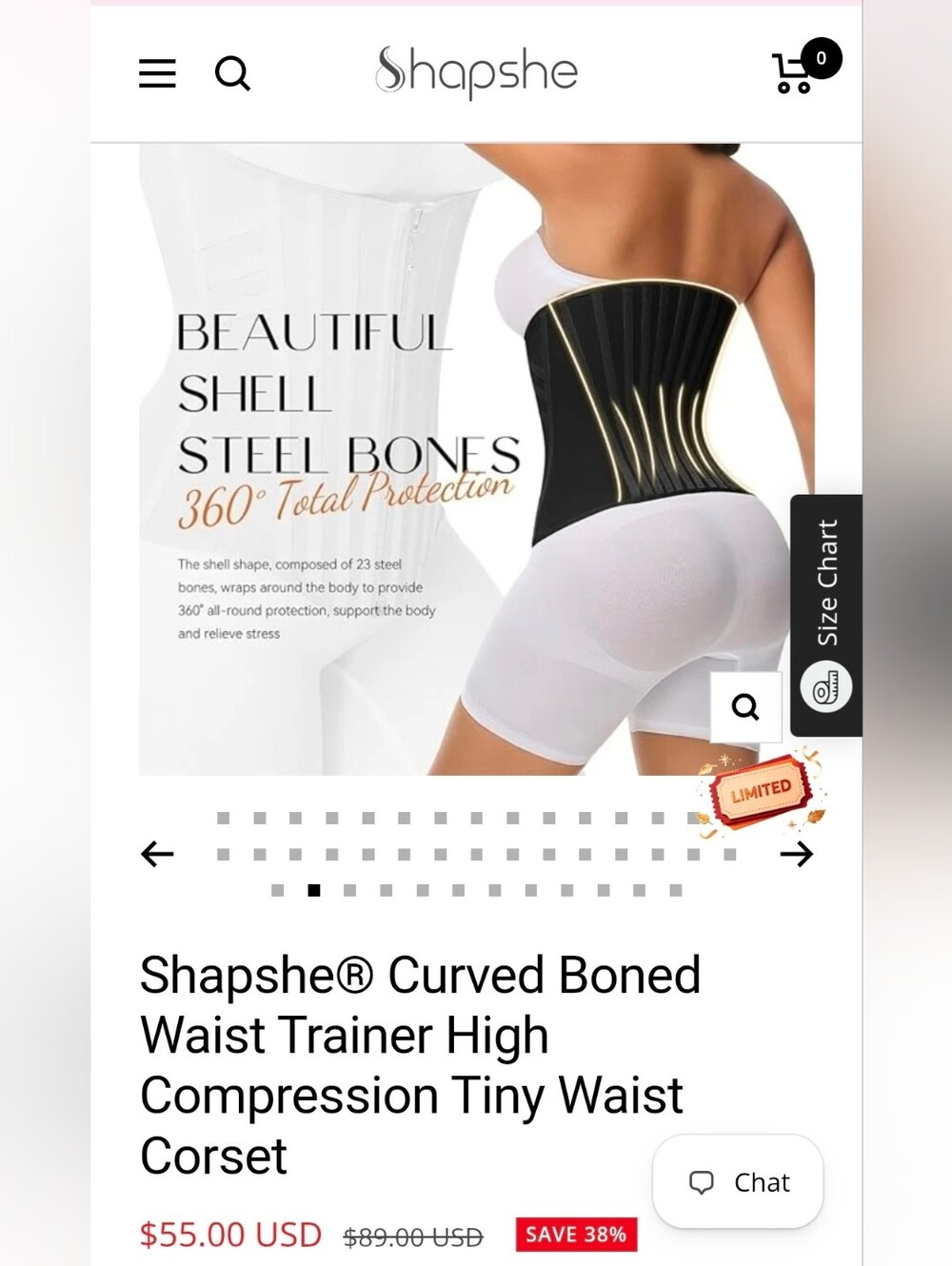 NWT - Shapshe Curved Boned High Compression Waist Trainer Corset - Black